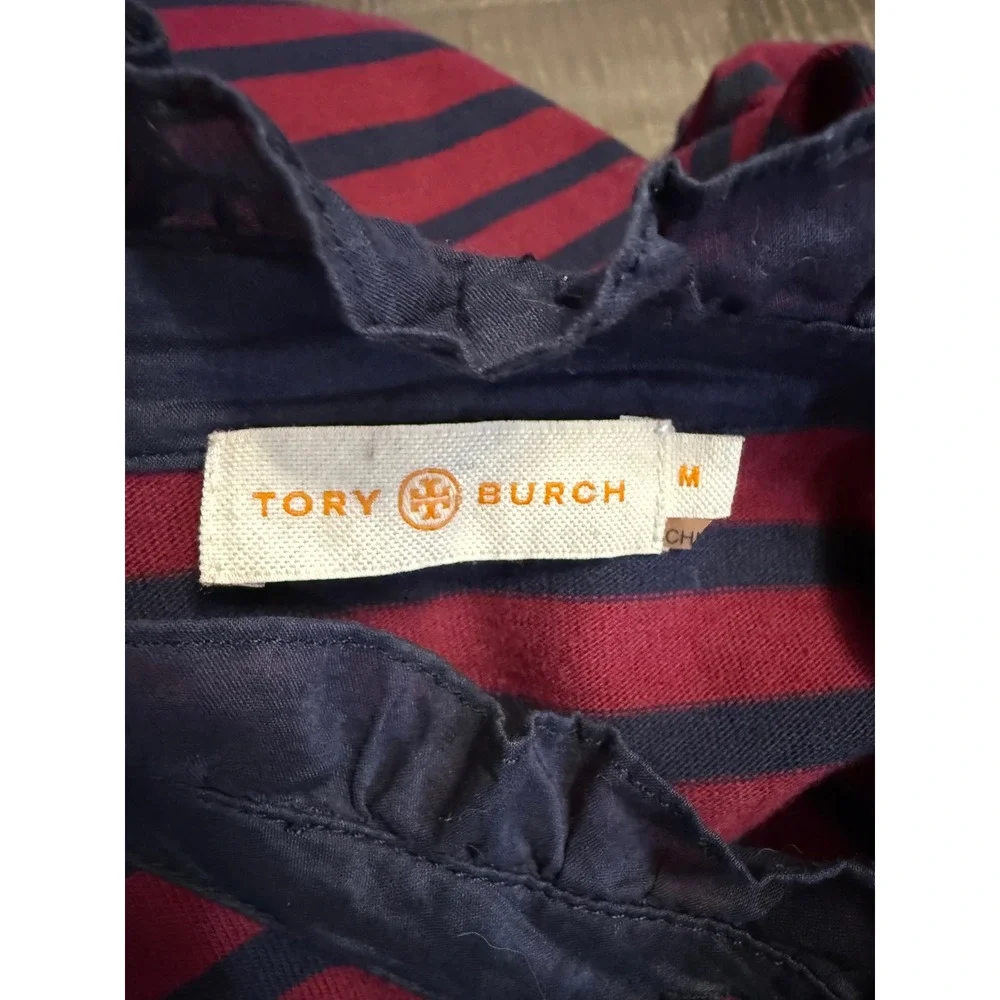 Tory Burch Striped Ruffle Collar T-Shirt Dress Burgundy Navy Blue Cotton Medium